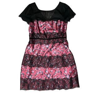 Kay Unger New York Black Pink Cap Sleeve Floral Lace Accent Mini Dress size L